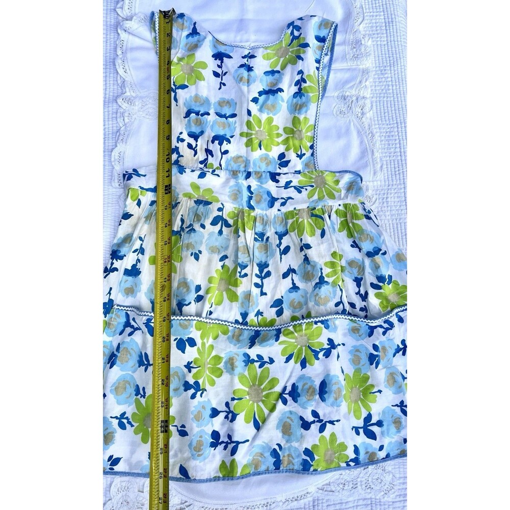 1960s Vintage Floral Cotton Apron Blue Green Daisy Bib Pocket Retro Kitchen
